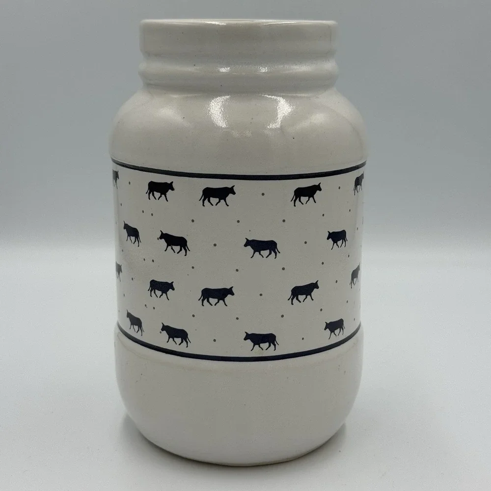 White‎ Utensil Crock With Black Cows